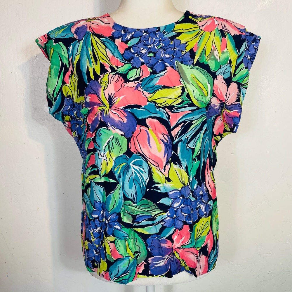 Vintage 80s 90s Synari Size Large L Floral Blouse Top 100% Rayon Cap Sleeve